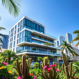 A modern building called Hotel Las Tunas located in a vibrant tropical city, surrounded by lush greenery and unique cacti