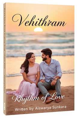 A romantic book cover design featuring a 25-year-old woman and a man sitting on a serene beach during a beautiful sunset