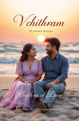 A romantic book cover design featuring a 25-year-old woman and a man sitting on a serene beach during a beautiful sunset