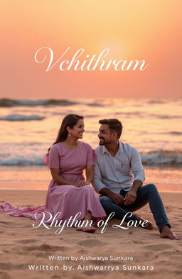 A romantic book cover design featuring a 25-year-old woman and a man sitting on a serene beach during a beautiful sunset