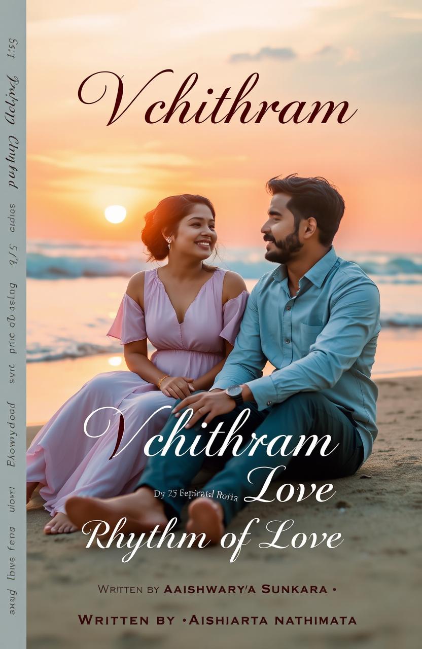 A romantic book cover design featuring a 25-year-old woman and a man sitting on a serene beach during a beautiful sunset