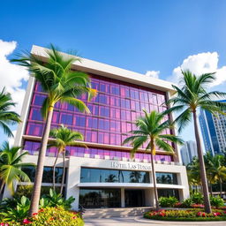 A grand modern building known as Hotel Las Tunas, set in a tropical and contemporary city