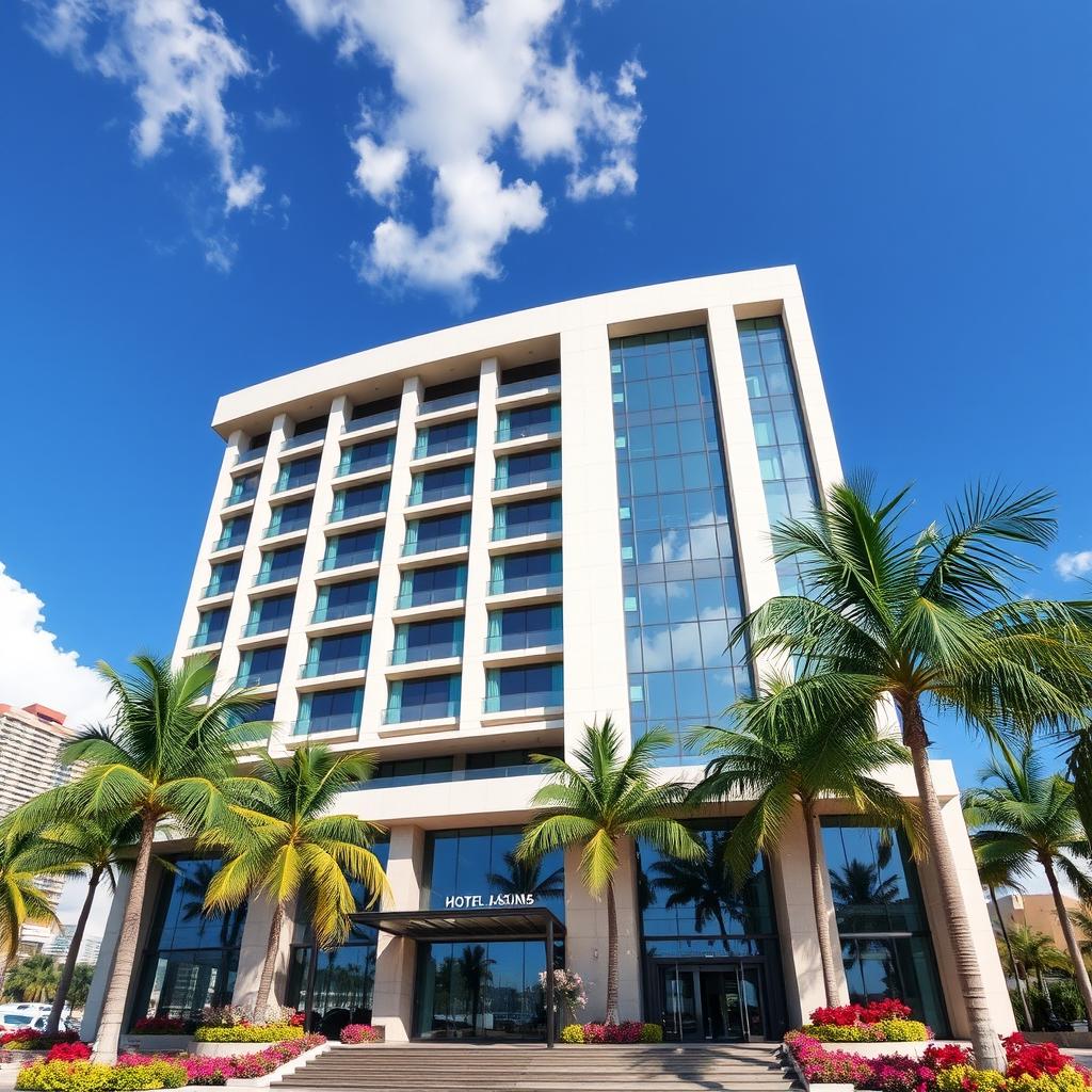 A grand modern building known as Hotel Las Tunas, set in a tropical and contemporary city