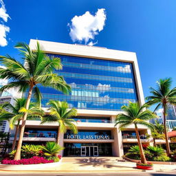 A grand modern building known as Hotel Las Tunas, set in a tropical and contemporary city