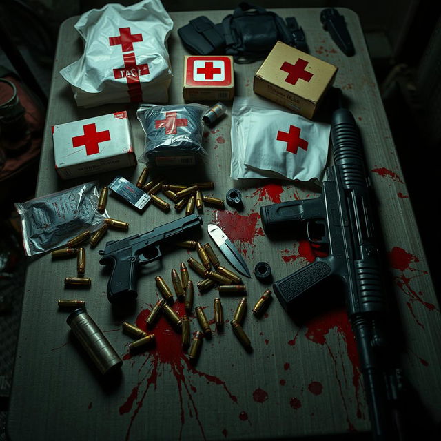 A detailed scene of a survival setup featuring a table covered with first aid supplies, several bullet casings, a handgun, a knife, and an AK-47