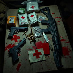 A detailed scene of a survival setup featuring a table covered with first aid supplies, several bullet casings, a handgun, a knife, and an AK-47