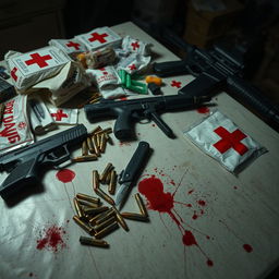 A detailed scene of a survival setup featuring a table covered with first aid supplies, several bullet casings, a handgun, a knife, and an AK-47