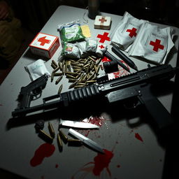 A detailed scene of a survival setup featuring a table covered with first aid supplies, several bullet casings, a handgun, a knife, and an AK-47