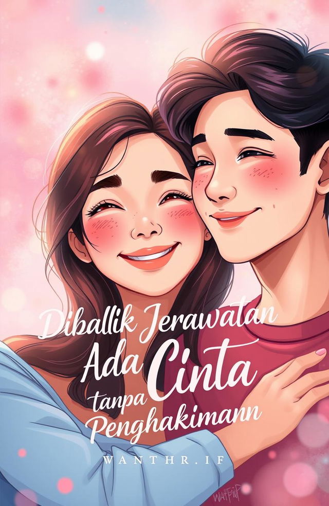 An engaging wattpad cover illustration featuring a young adult couple, where one character has clear skin and the other character has acne, symbolizing love without judgment