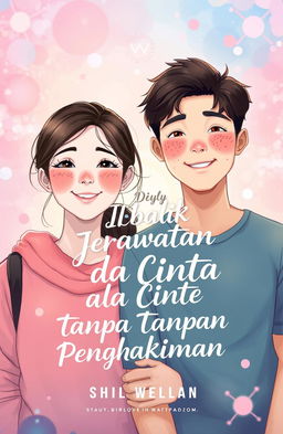 An engaging wattpad cover illustration featuring a young adult couple, where one character has clear skin and the other character has acne, symbolizing love without judgment