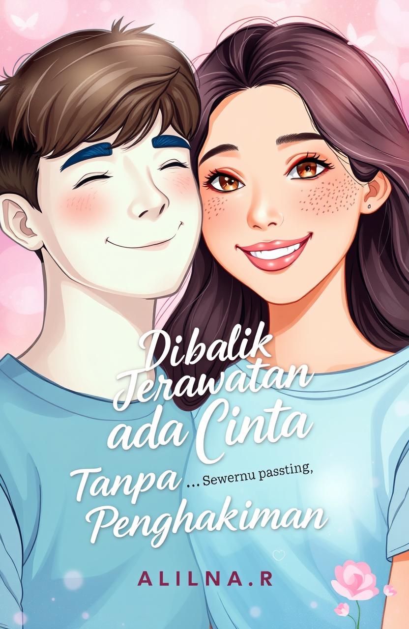 An engaging wattpad cover illustration featuring a young adult couple, where one character has clear skin and the other character has acne, symbolizing love without judgment