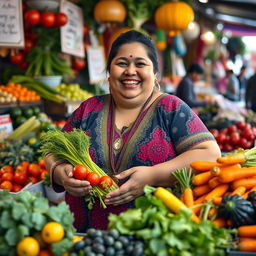 A chubby woman with a bright smile, wearing a colorful traditional outfit, happily sending vegetables at a lively market stall filled with fresh produce