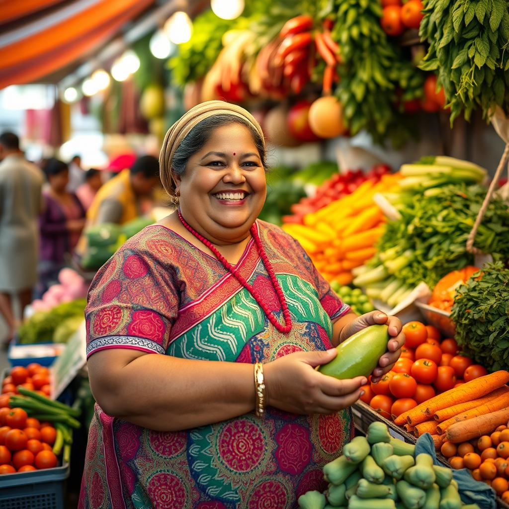 A chubby woman with a bright smile, wearing a colorful traditional outfit, happily sending vegetables at a lively market stall filled with fresh produce