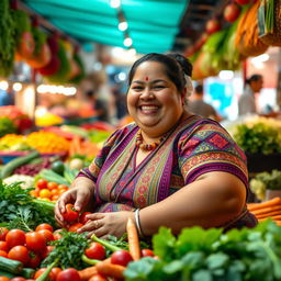 A chubby woman with a bright smile, wearing a colorful traditional outfit, happily sending vegetables at a lively market stall filled with fresh produce
