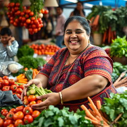 A chubby woman with a bright smile, wearing a colorful traditional outfit, happily sending vegetables at a lively market stall filled with fresh produce