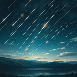 A compelling and detailed visual representation of the celestial phenomenon known as a meteor shower