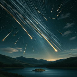A compelling and detailed visual representation of the celestial phenomenon known as a meteor shower