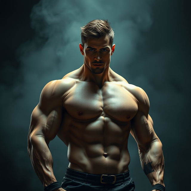 A striking and artistic representation of a male figure with a prominent muscular build, showcasing an exaggerated large attribute, portrayed in an empowering and confident pose