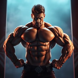 A striking and artistic representation of a male figure with a prominent muscular build, showcasing an exaggerated large attribute, portrayed in an empowering and confident pose