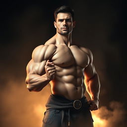 A striking and artistic representation of a male figure with a prominent muscular build, showcasing an exaggerated large attribute, portrayed in an empowering and confident pose