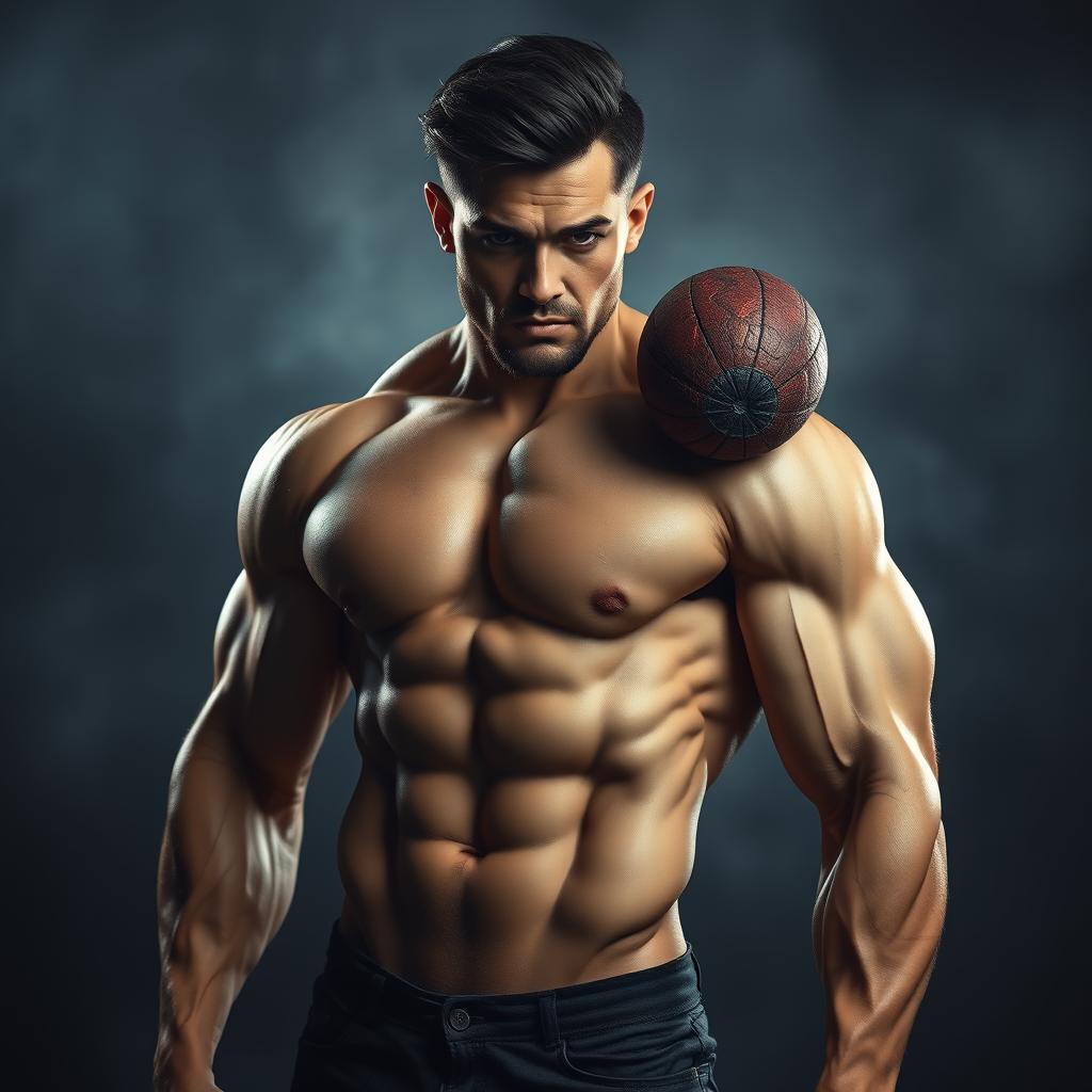 A striking and artistic representation of a male figure with a prominent muscular build, showcasing an exaggerated large attribute, portrayed in an empowering and confident pose