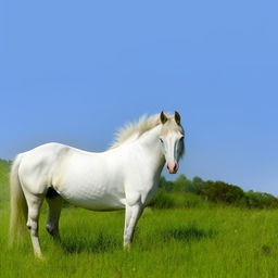 A majestic white horse standing gracefull in a lush green meadow under a clear blue sky.