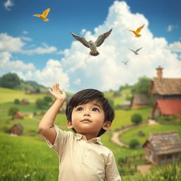 A small village with a child gazing up at the sky, dreaming of flying like a bird