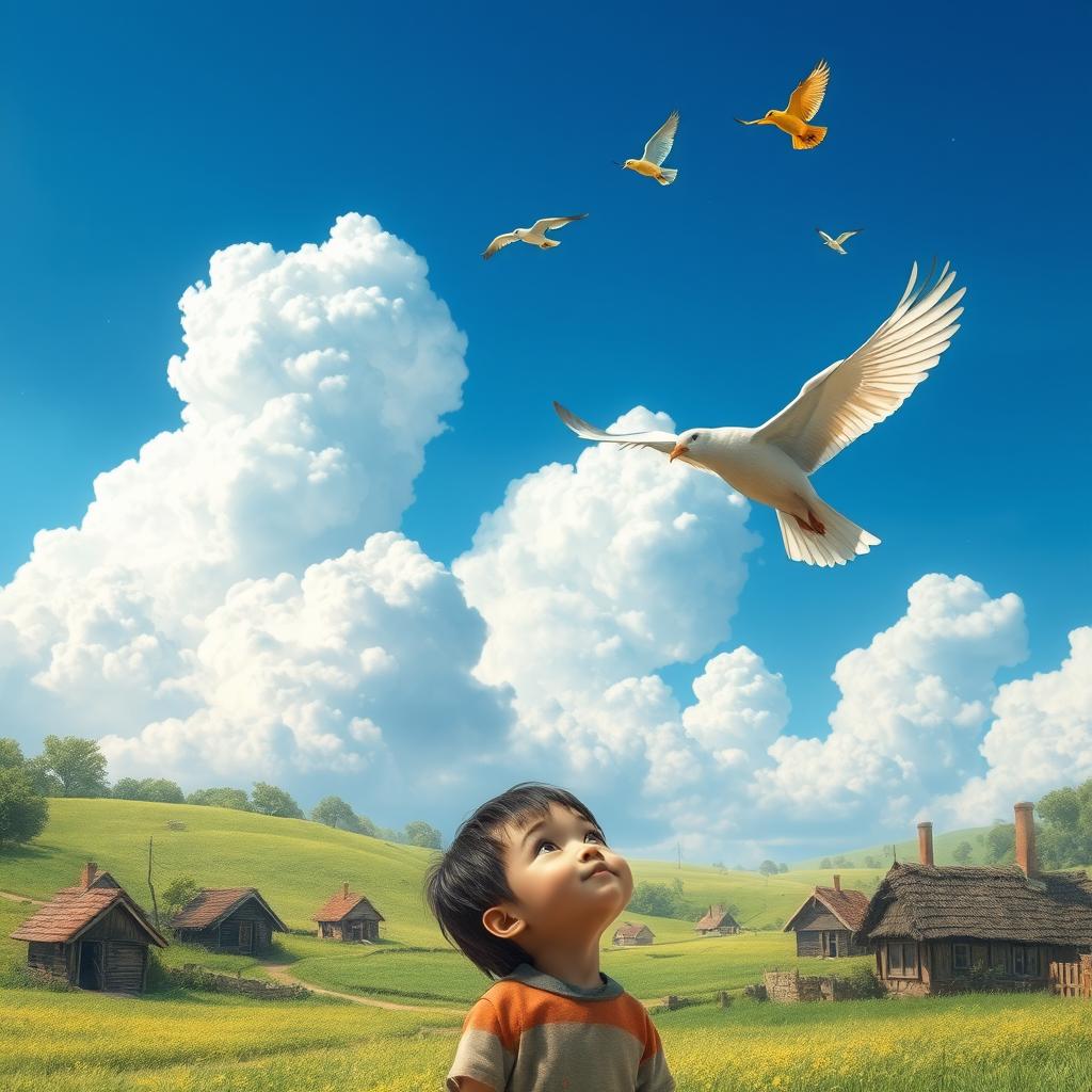 A small village with a child gazing up at the sky, dreaming of flying like a bird