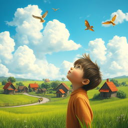 A small village with a child gazing up at the sky, dreaming of flying like a bird