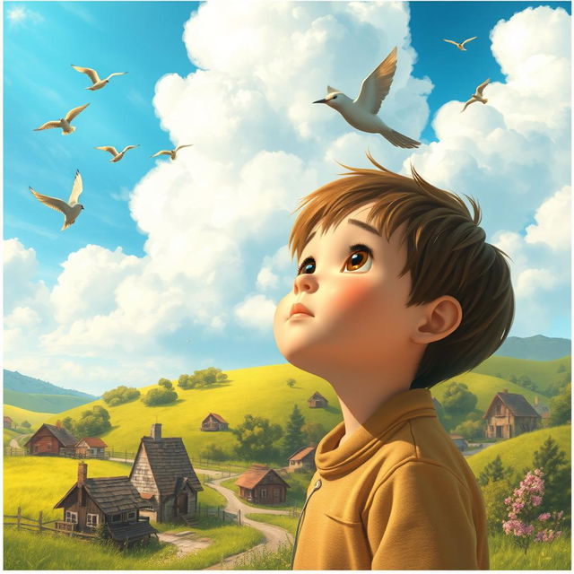 A small village with a child gazing up at the sky, dreaming of flying like a bird