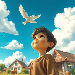 A whimsical scene set in a small village, featuring a young boy gazing up at the sky with wonder in his eyes
