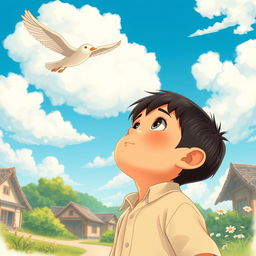 A whimsical scene set in a small village, featuring a young boy gazing up at the sky with wonder in his eyes