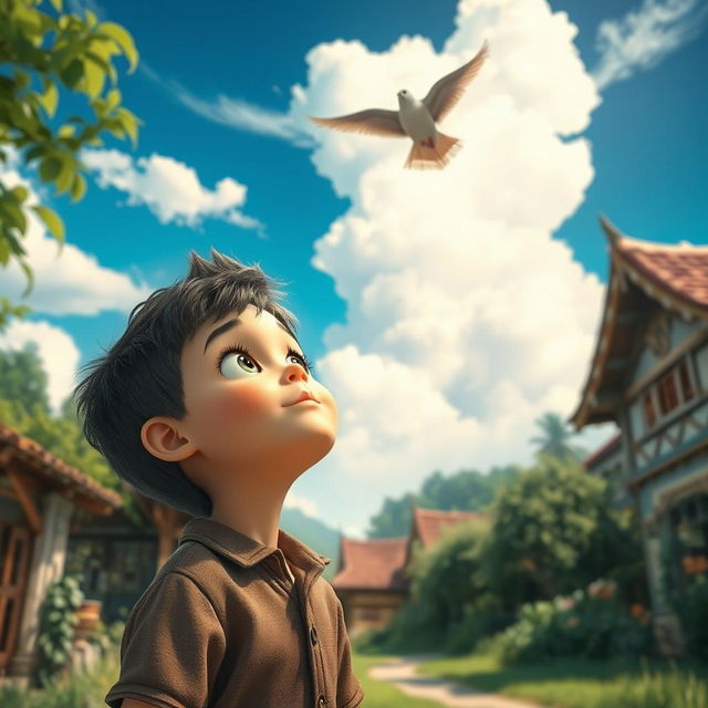 A whimsical scene set in a small village, featuring a young boy gazing up at the sky with wonder in his eyes