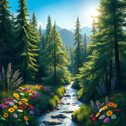A vibrant landscape of a sunlit forest, showcasing a variety of tall green trees, colorful flowers blooming on the forest floor, and a tranquil stream flowing through
