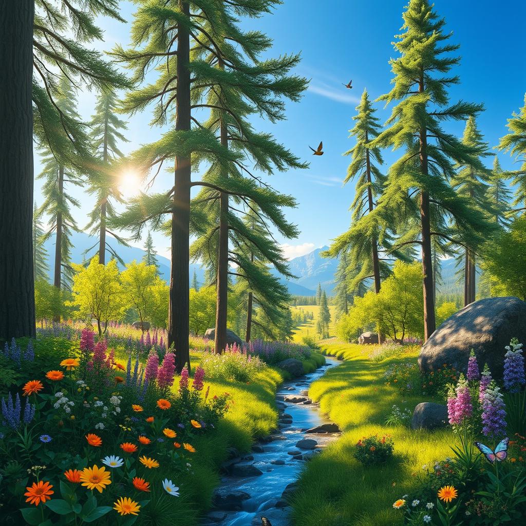 A vibrant landscape of a sunlit forest, showcasing a variety of tall green trees, colorful flowers blooming on the forest floor, and a tranquil stream flowing through