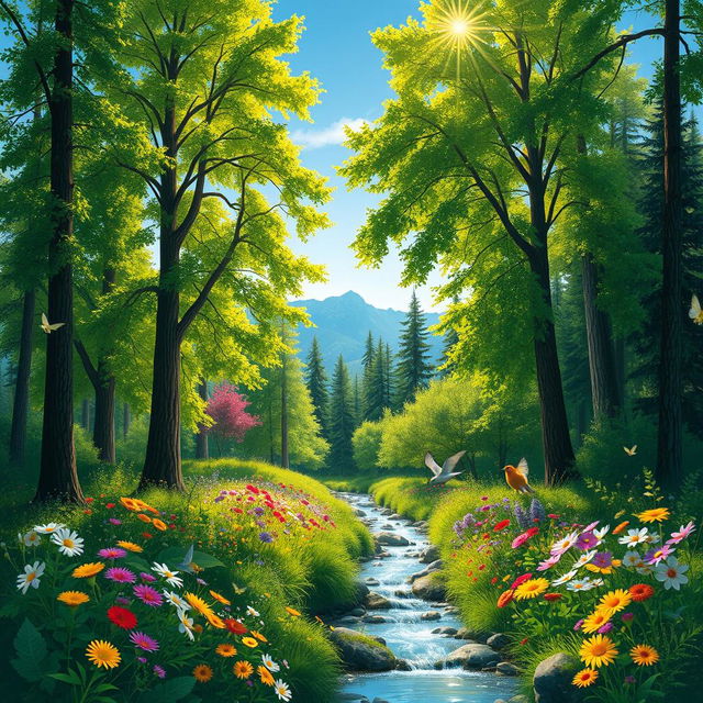 A vibrant landscape of a sunlit forest, showcasing a variety of tall green trees, colorful flowers blooming on the forest floor, and a tranquil stream flowing through