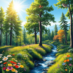 A vibrant landscape of a sunlit forest, showcasing a variety of tall green trees, colorful flowers blooming on the forest floor, and a tranquil stream flowing through