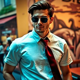 A stylish individual wearing a casual t-shirt paired with a maroon tie, giving off a relaxed yet fashionable vibe