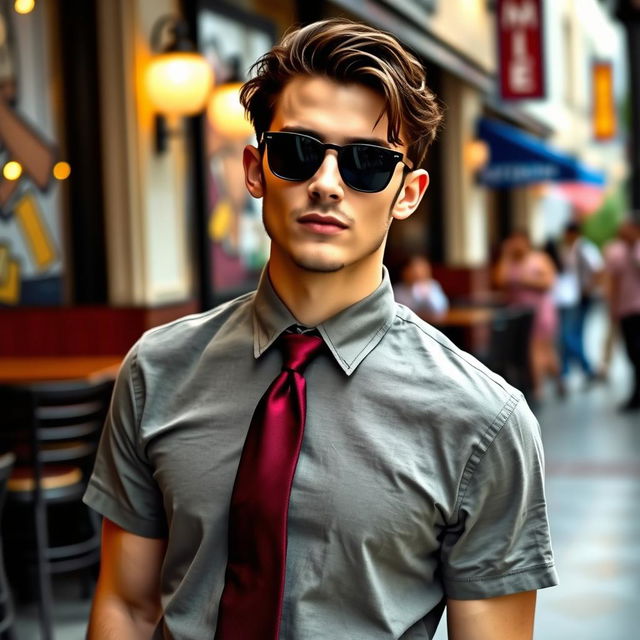 A stylish individual wearing a casual t-shirt paired with a maroon tie, giving off a relaxed yet fashionable vibe