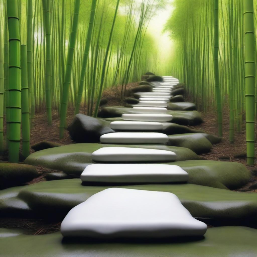 A hyper-realistic, high-quality photograph featuring a series of separate, flat, bright white stepping stones, descending down a mountain trail surrounded by a dense, green bamboo forest