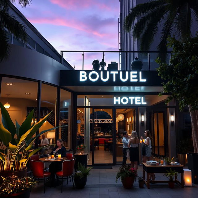 A trendy boutique hotel exterior featuring modern architecture, large glass windows, stylish outdoor seating with vibrant plants, and a brightly lit neon sign