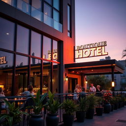 A trendy boutique hotel exterior featuring modern architecture, large glass windows, stylish outdoor seating with vibrant plants, and a brightly lit neon sign
