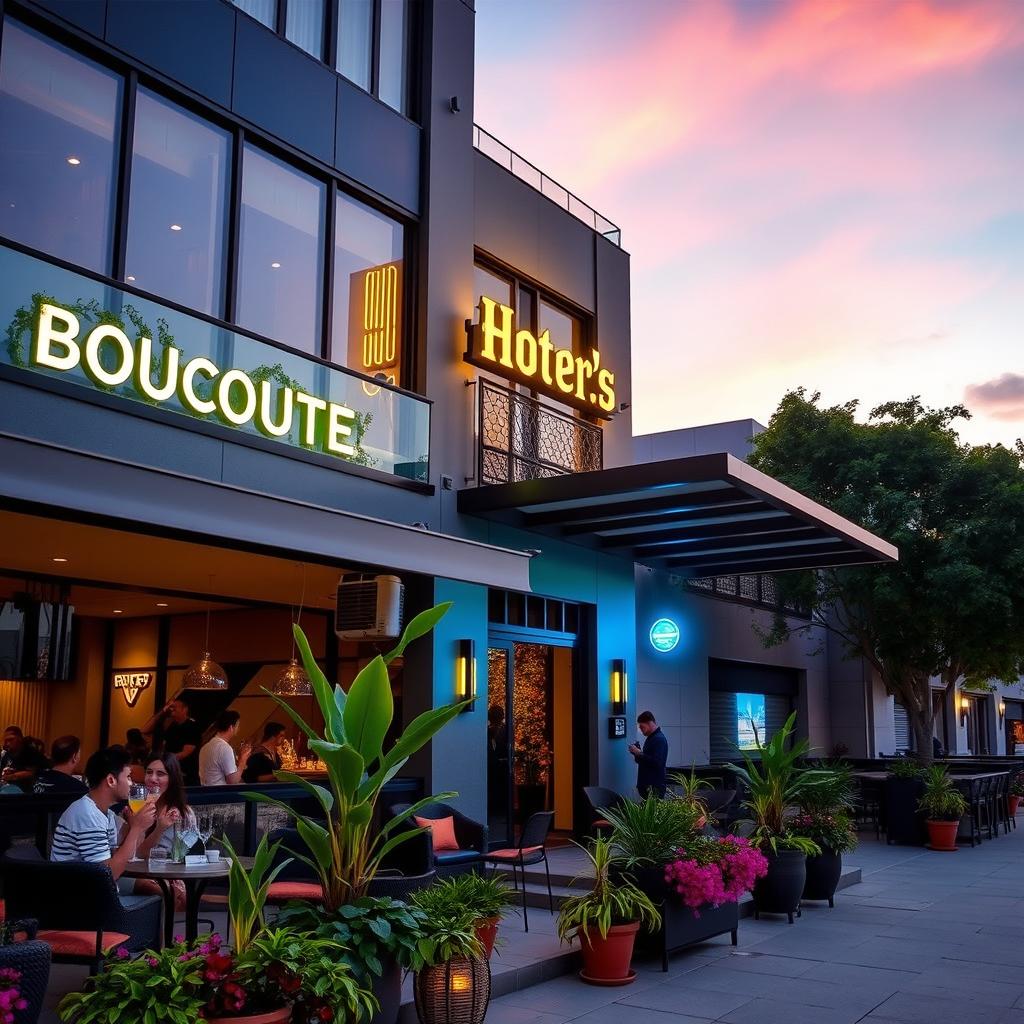 A trendy boutique hotel exterior featuring modern architecture, large glass windows, stylish outdoor seating with vibrant plants, and a brightly lit neon sign