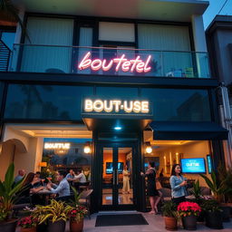 A trendy boutique hotel exterior featuring modern architecture, large glass windows, stylish outdoor seating with vibrant plants, and a brightly lit neon sign