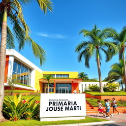 A modern school in a contemporary tropical city, featuring a vibrant and colorful architectural design