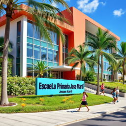 A modern school in a contemporary tropical city, featuring a vibrant and colorful architectural design