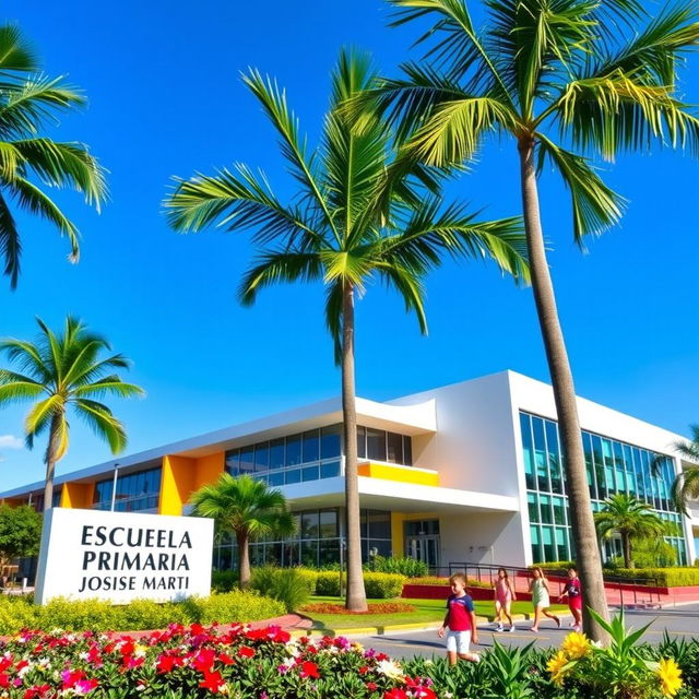 A modern school in a contemporary tropical city, featuring a vibrant and colorful architectural design