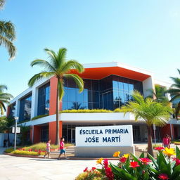 A modern school in a contemporary tropical city, featuring a vibrant and colorful architectural design