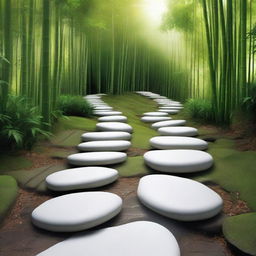 A hyper-realistic, high-quality photograph featuring a series of separate, flat, bright white stepping stones, descending down a mountain trail surrounded by a dense, green bamboo forest