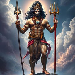 A strikingly realistic and muscular depiction of a divine figure that combines the features of Mahadev and Hanuman